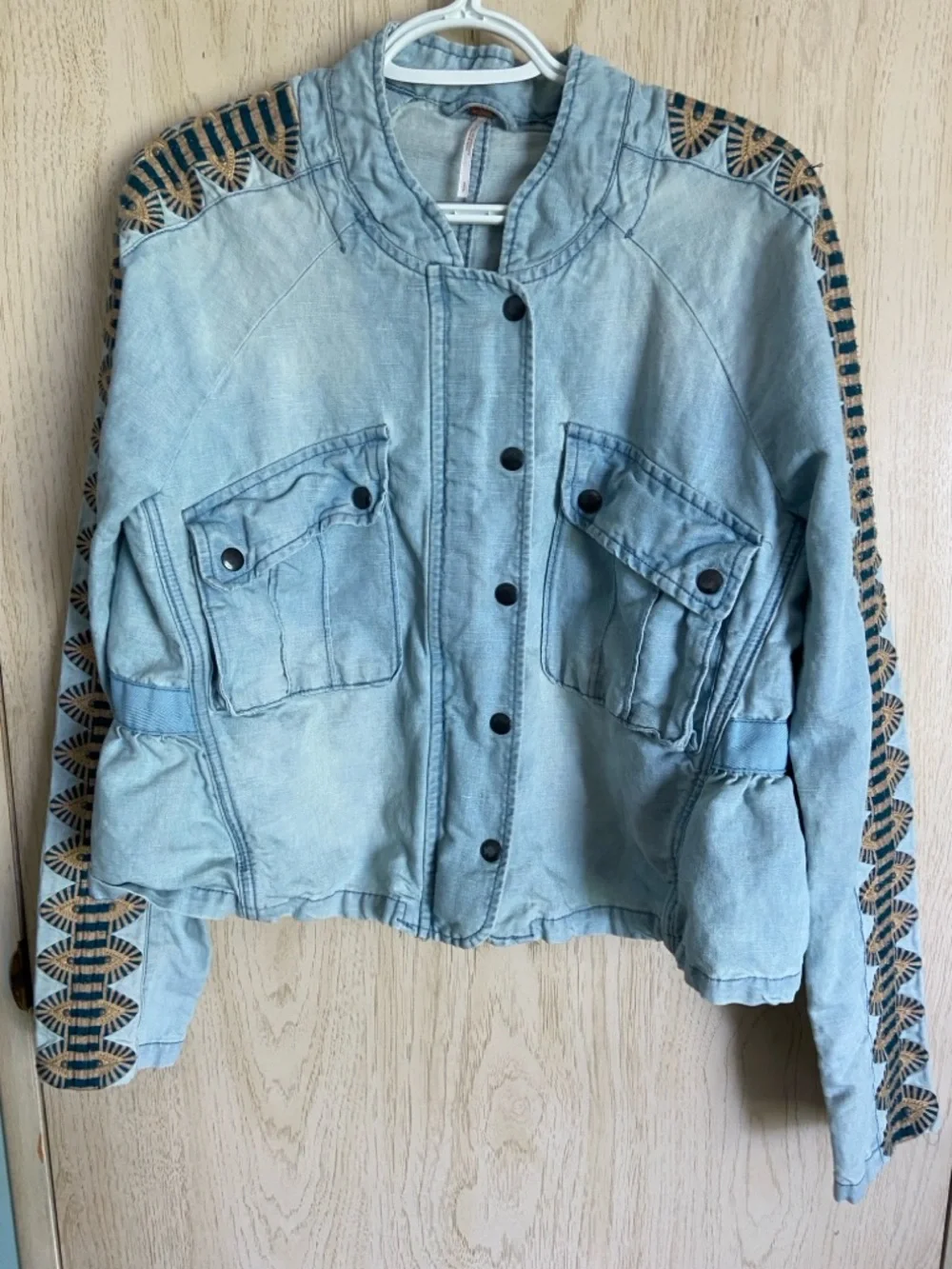 Free People Embroidered Chambray Jacket Womens Large Blue Linen Cotton Blend S - Picture 5 of 14
